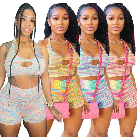 Rainbow Halter Top And Tight Shorts 2 Two Piece Set
